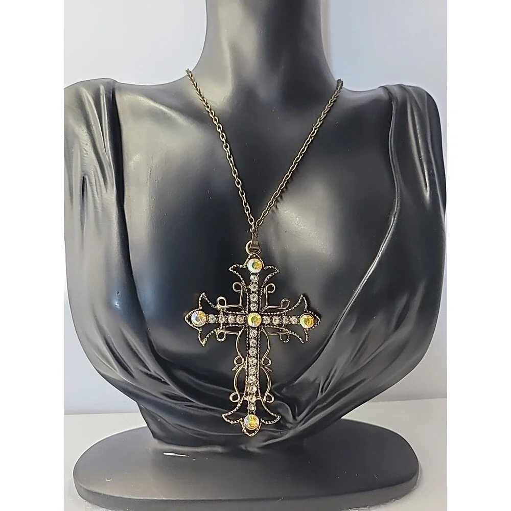 Gold Tone Cross Pendant Necklace Rhinestone AB Crystal Filigree Ornate Vintage‎
